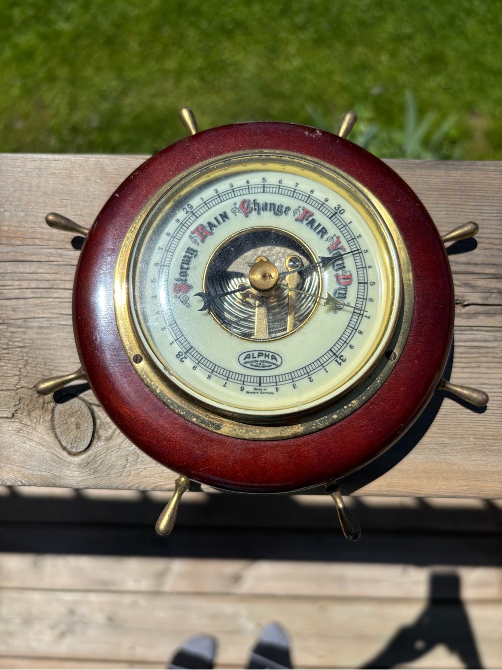 Nautical Ship Wheel Barometer in Mahogany and Brass - West Germany